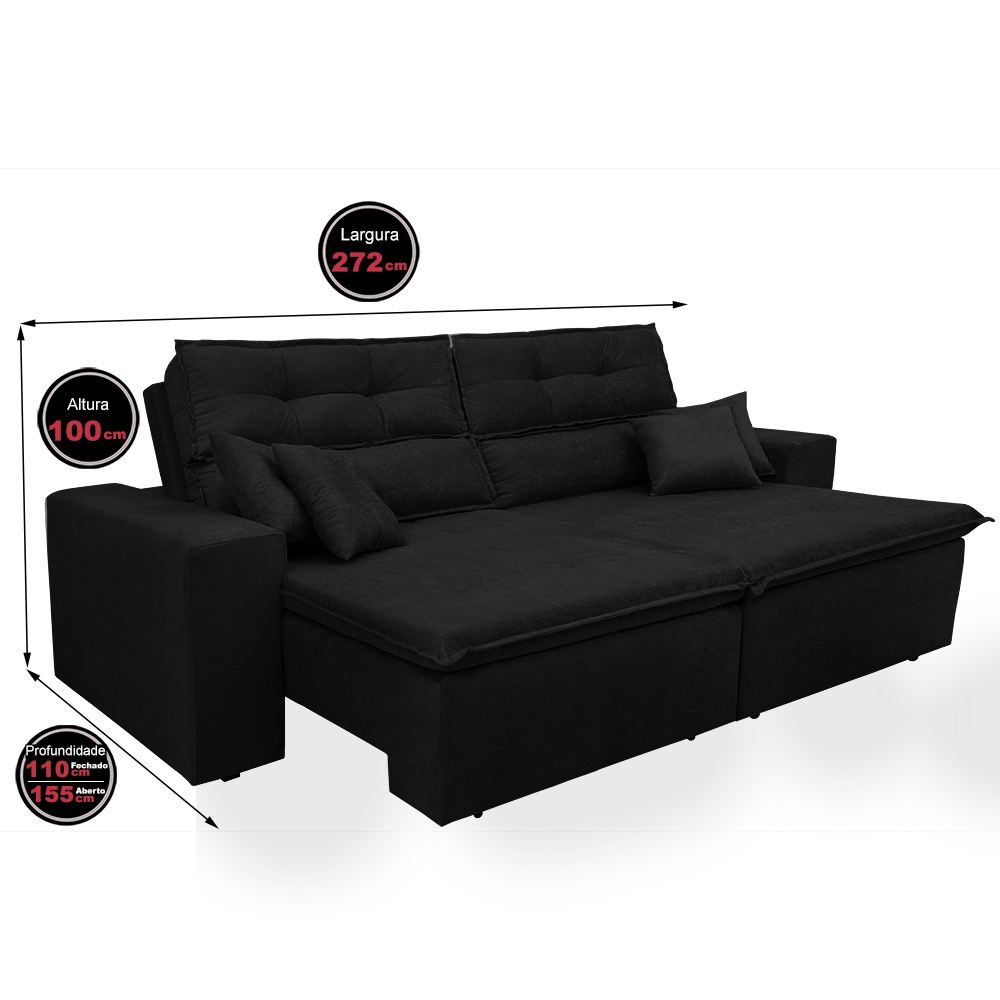 Sofá Cairo 2,72m Retrátil, Reclinável com 4 Almofadas Tecido Suede Preto - Cama InBox