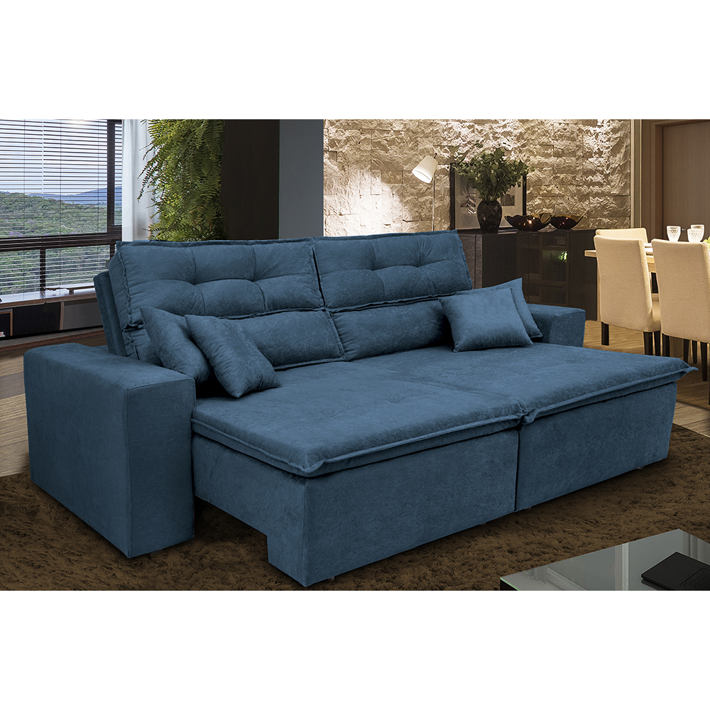 Sofá Cairo 2,92m Retrátil, Reclinável com 4 Almofadas Tecido Suede Azul - Cama InBox