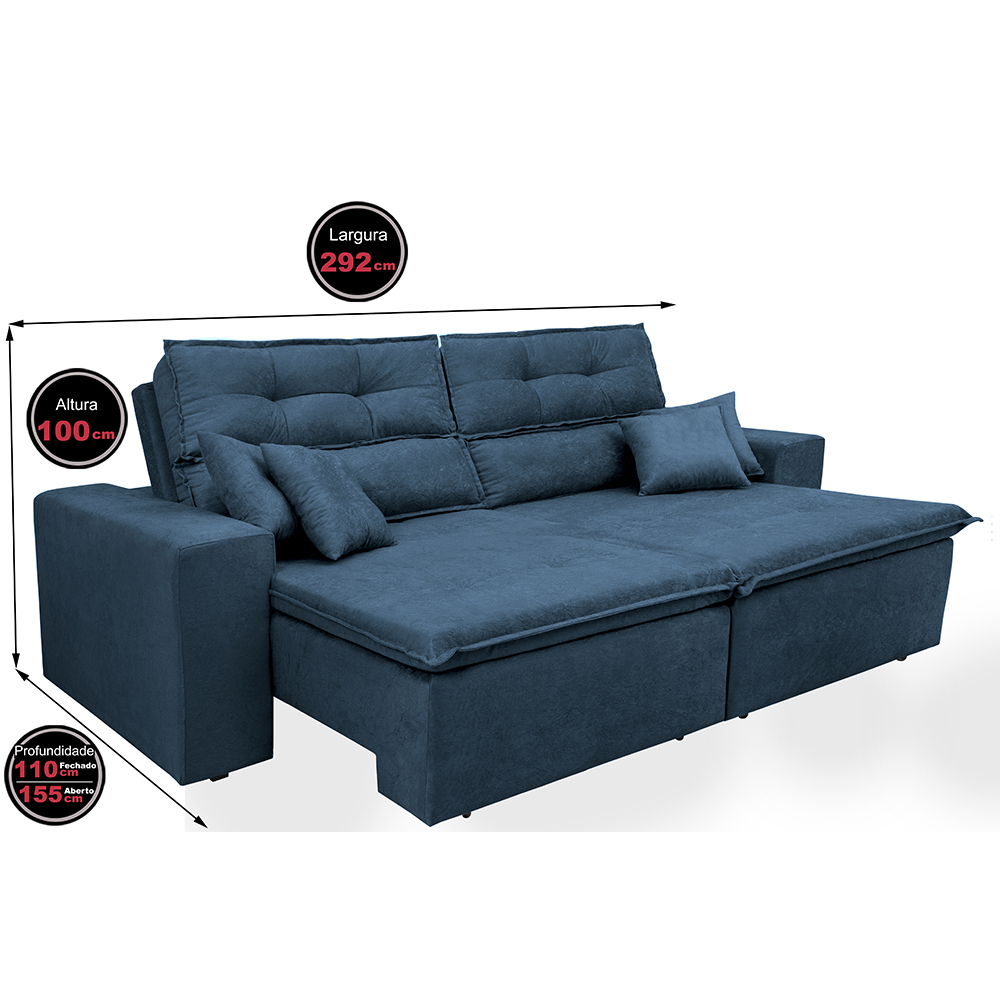Sofá Cairo 2,92m Retrátil, Reclinável com 4 Almofadas Tecido Suede Azul - Cama InBox