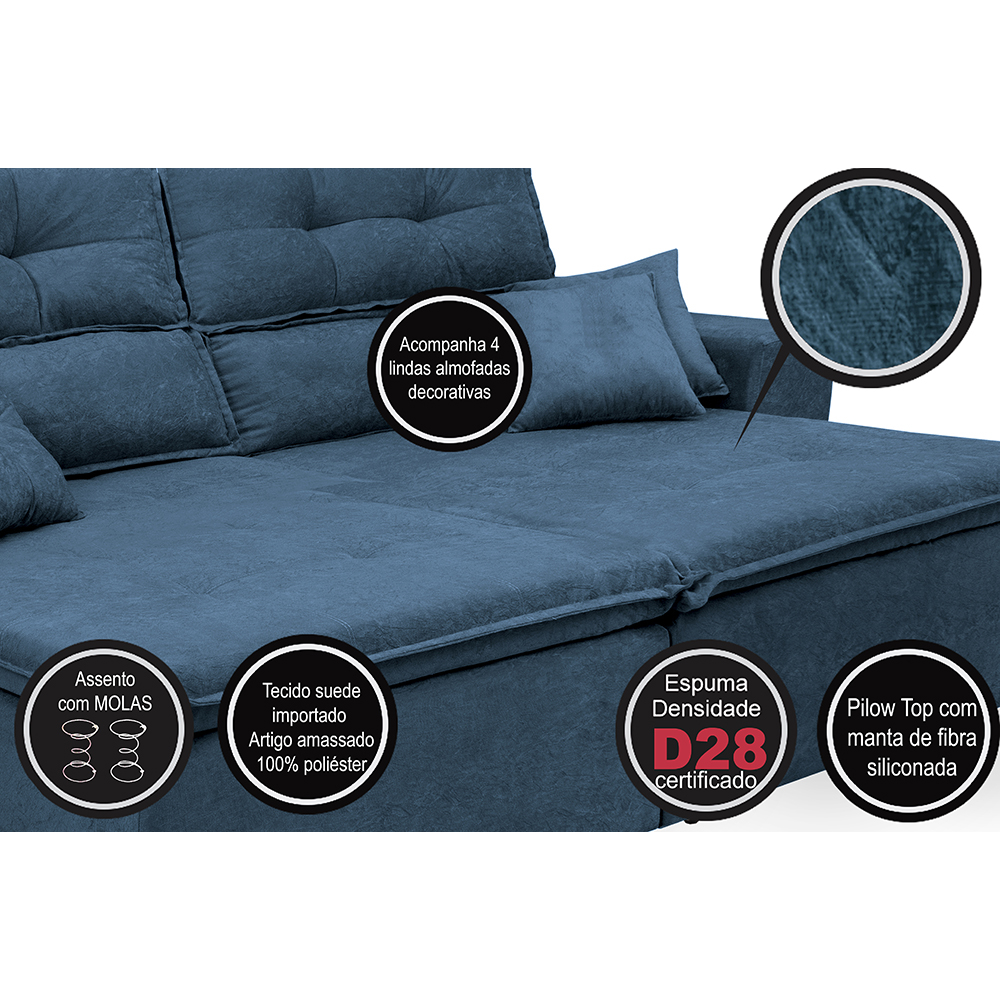 Sofá Cairo 2,92m Retrátil, Reclinável com 4 Almofadas Tecido Suede Azul - Cama InBox