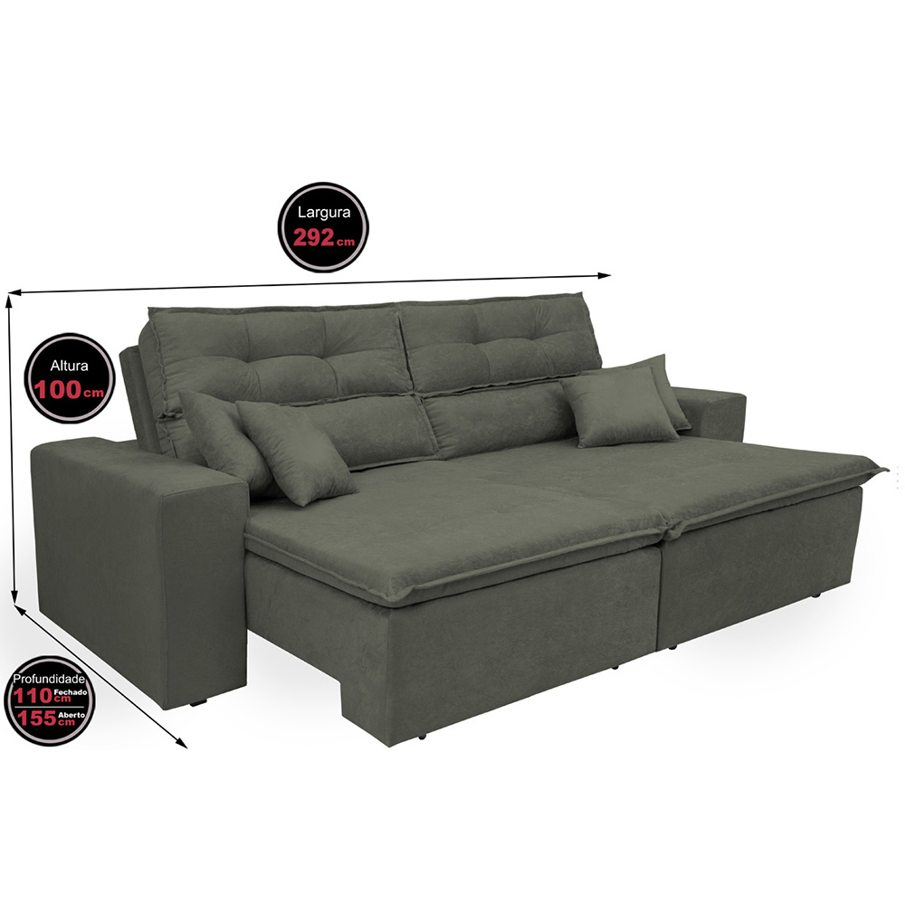 Sofá Cairo 2,92m Retrátil, Reclinável com 4 Almofadas Tecido Suede Cinza - Cama InBox
