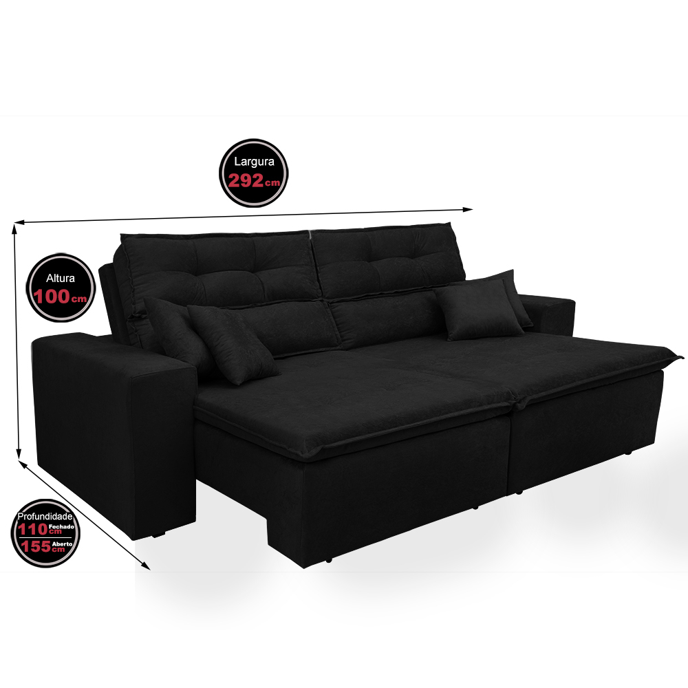 Sofá Cairo 2,92m Retrátil, Reclinável com 4 Almofadas Tecido Suede Preto - Cama InBox