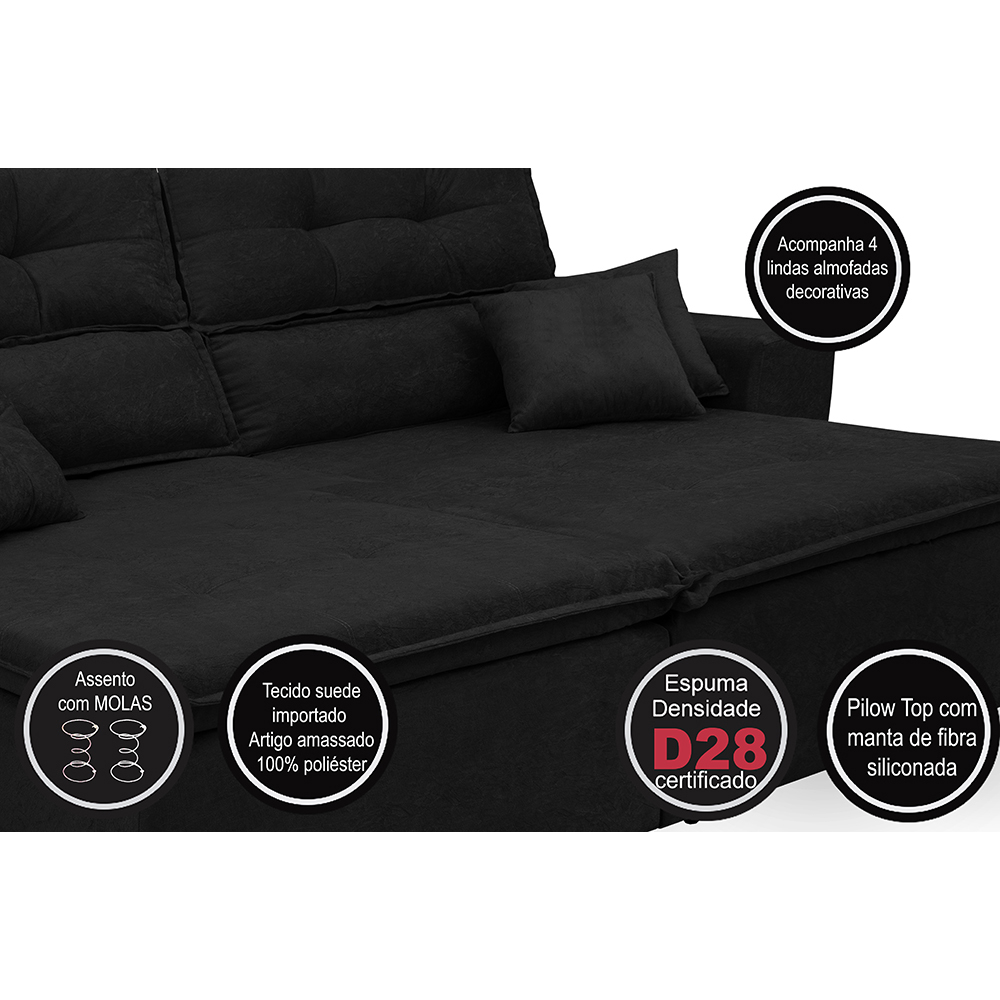 Sofá Cairo 2,92m Retrátil, Reclinável com 4 Almofadas Tecido Suede Preto - Cama InBox