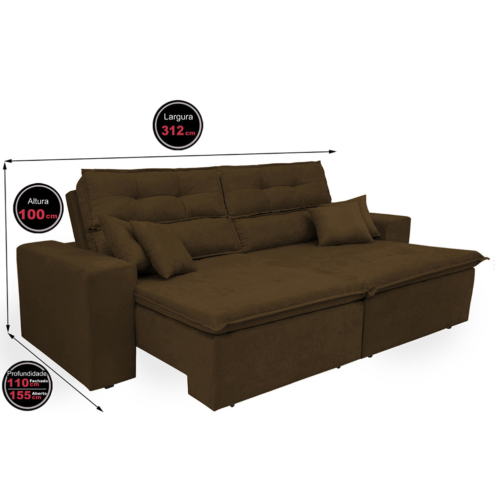 Sofá Cairo 3,12m Retrátil, Reclinável com 4 Almofadas Tecido Suede Café - Cama InBox
