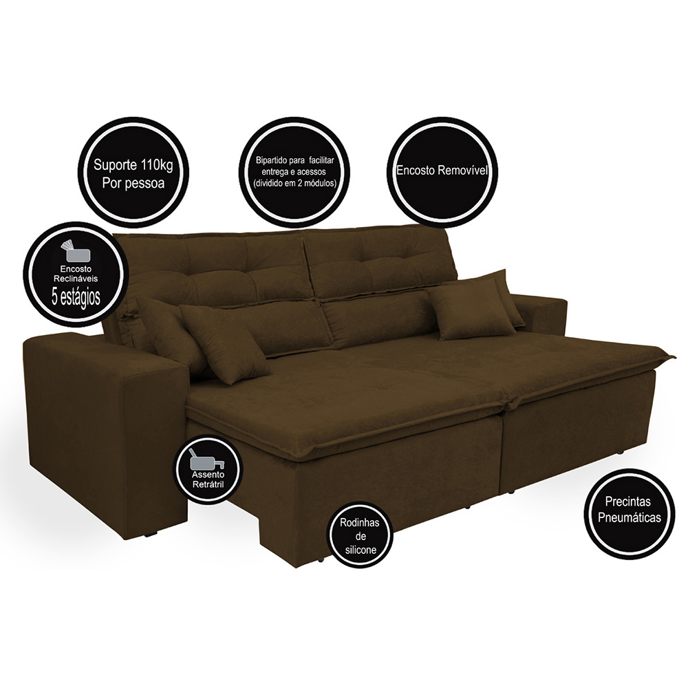 Sofá Cairo 3,12m Retrátil, Reclinável com 4 Almofadas Tecido Suede Café - Cama InBox