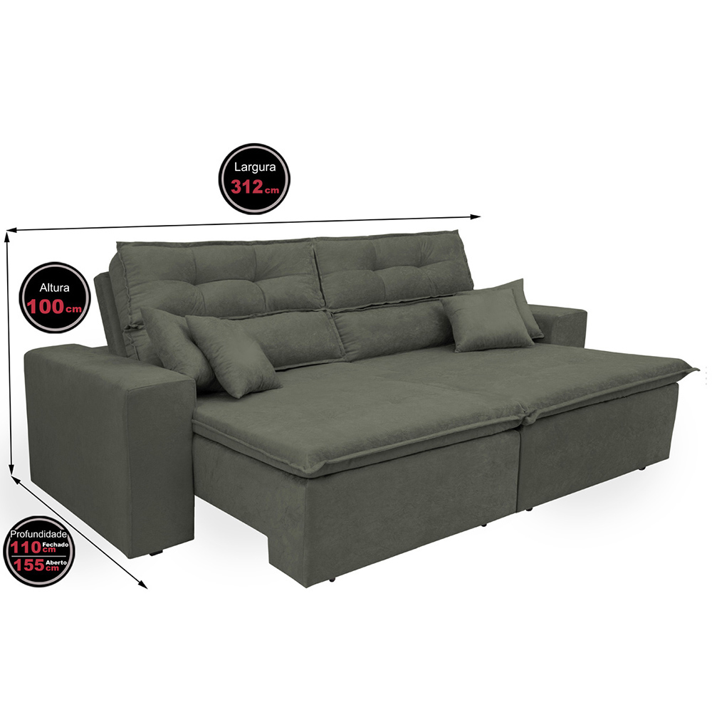 Sofá Cairo 3,12m Retrátil, Reclinável com 4 Almofadas Tecido Suede Cinza - Cama InBox