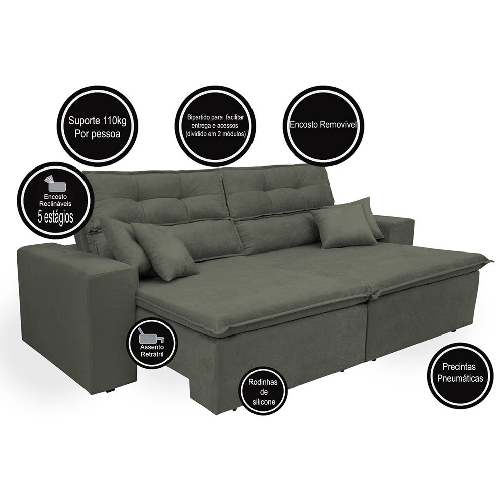 Sofá Cairo 3,12m Retrátil, Reclinável com 4 Almofadas Tecido Suede Cinza - Cama InBox