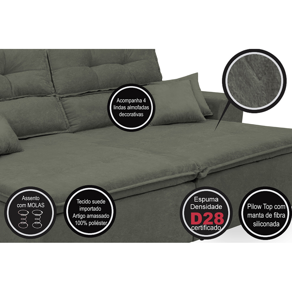 Sofá Cairo 3,12m Retrátil, Reclinável com 4 Almofadas Tecido Suede Cinza - Cama InBox