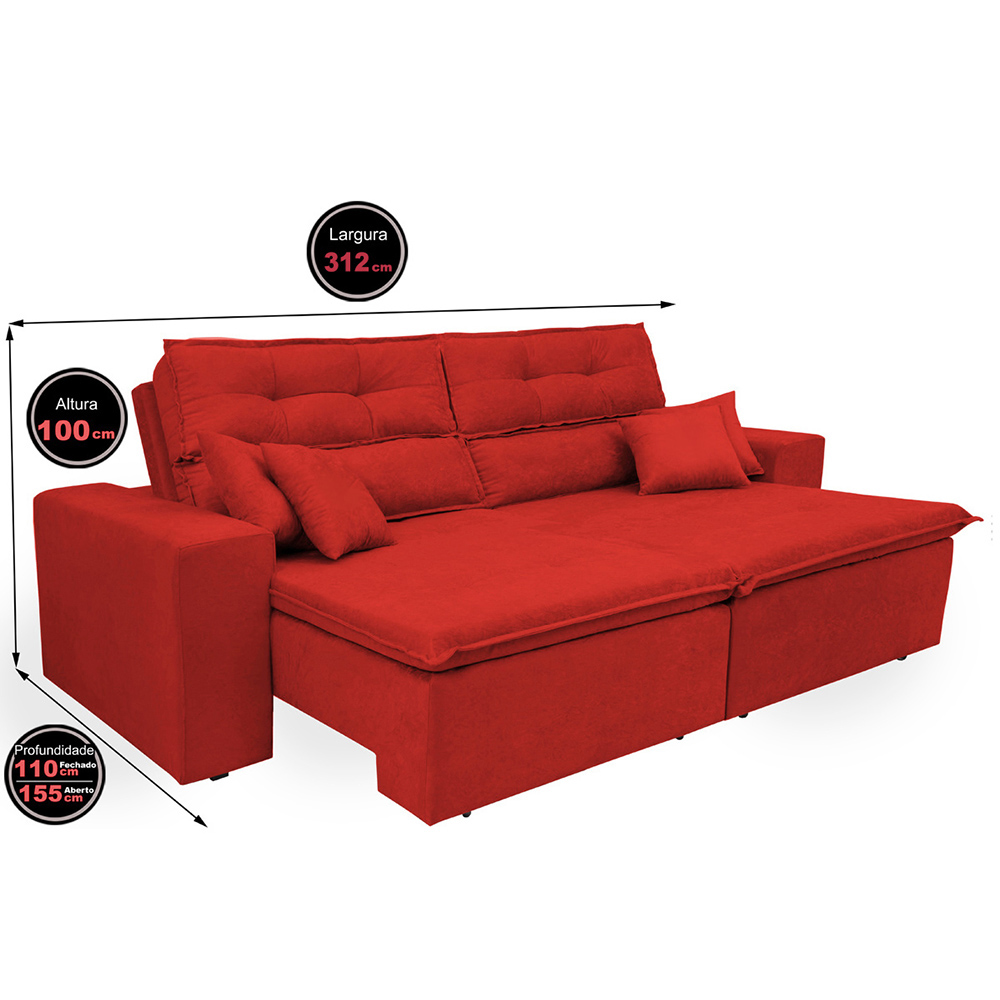 Sofá Cairo 3,12m Retrátil, Reclinável com 4 Almofadas Tecido Suede Vermelho - Cama InBox