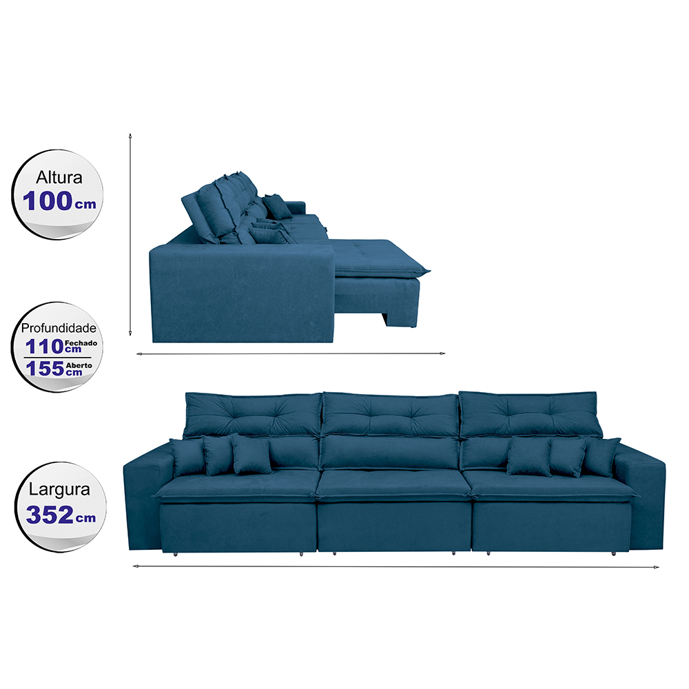 Sofá Cairo 3,52m Retrátil, Reclinável com 6 Almofadas Tecido Suede Azul - Cama InBox