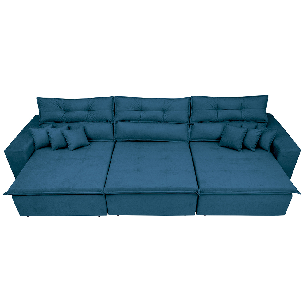 Sofá Cairo 3,52m Retrátil, Reclinável com 6 Almofadas Tecido Suede Azul - Cama InBox