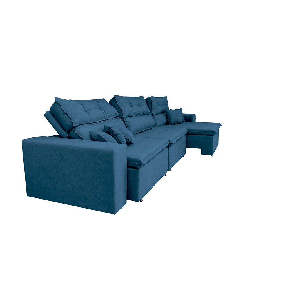 Sofá Cairo 3,52m Retrátil, Reclinável com 6 Almofadas Tecido Suede Azul - Cama InBox