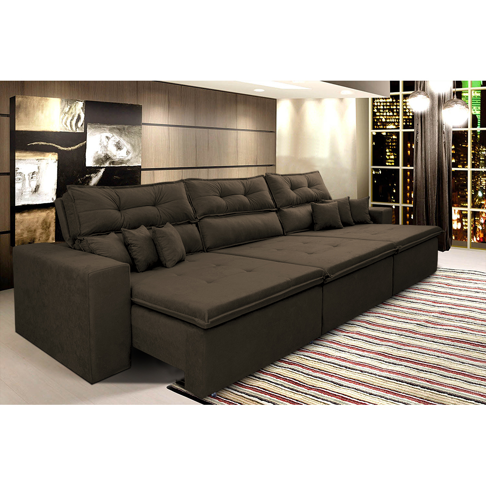 Sofá Cairo 3,52m Retrátil, Reclinável com 6 Almofadas Tecido Suede Café - Cama InBox