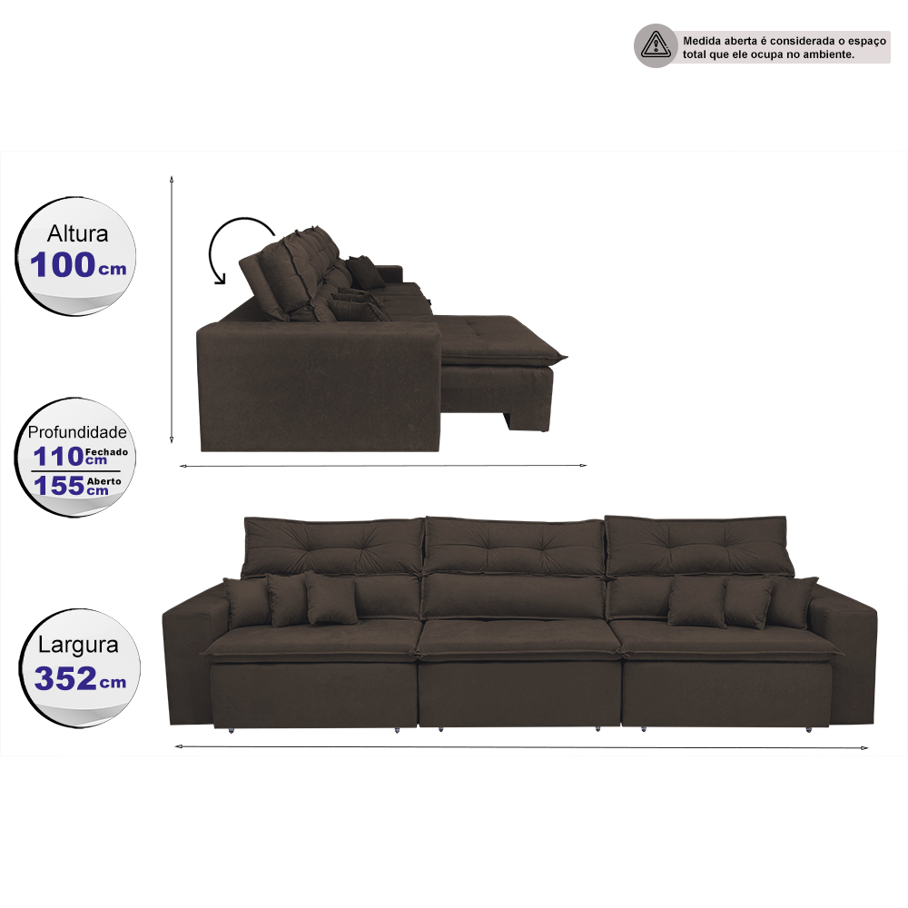 Sofá Cairo 3,52m Retrátil, Reclinável com 6 Almofadas Tecido Suede Café - Cama InBox