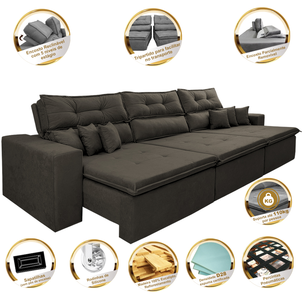 Sofá Cairo 3,52m Retrátil, Reclinável com 6 Almofadas Tecido Suede Café - Cama InBox