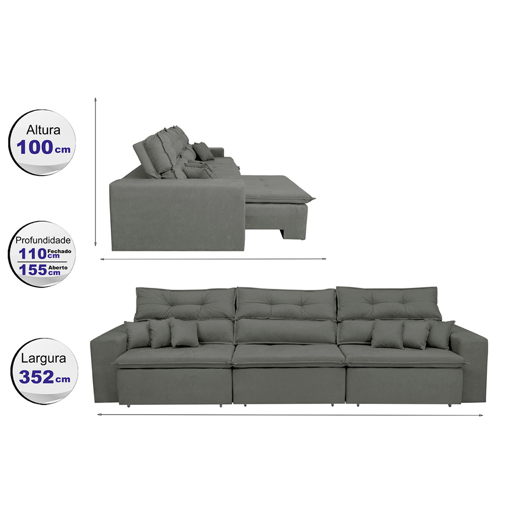Sofá Cairo 3,52m Retrátil, Reclinável com 6 Almofadas Tecido Suede Cinza - Cama InBox