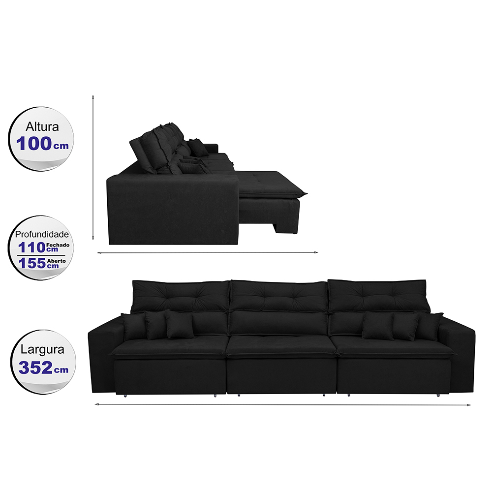 Sofá Cairo 3,52m Retrátil, Reclinável com 6 Almofadas Tecido Suede Preto - Cama InBox