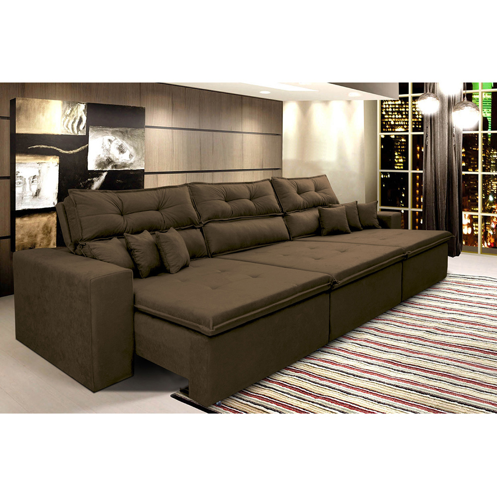 Sofá Cairo 3,82m Retrátil, Reclinável com 6 Almofadas Tecido Suede Café - Cama InBox