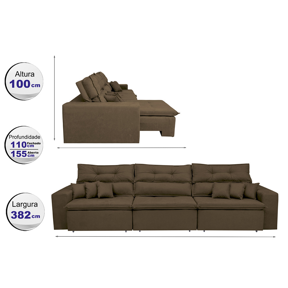 Sofá Cairo 3,82m Retrátil, Reclinável com 6 Almofadas Tecido Suede Café - Cama InBox