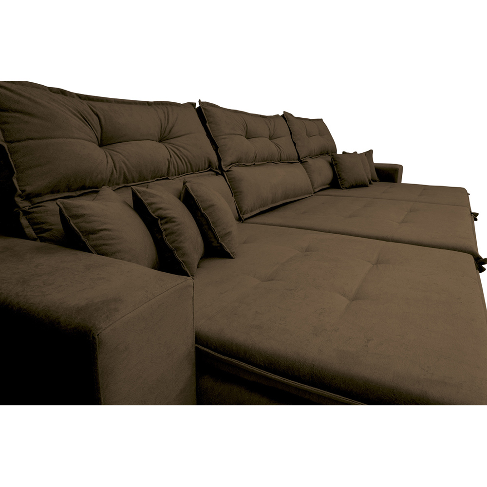 Sofá Cairo 3,82m Retrátil, Reclinável com 6 Almofadas Tecido Suede Café - Cama InBox