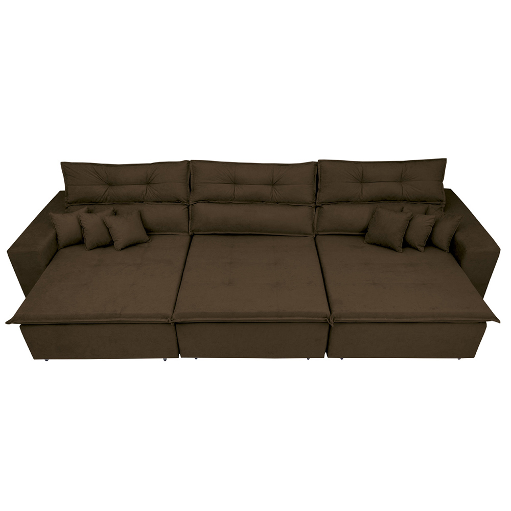 Sofá Cairo 3,82m Retrátil, Reclinável com 6 Almofadas Tecido Suede Café - Cama InBox