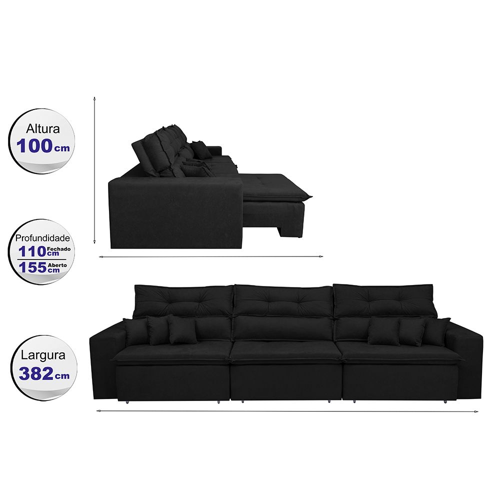 Sofá Cairo 3,82m Retrátil, Reclinável com 6 Almofadas Tecido Suede Preto - Cama InBox