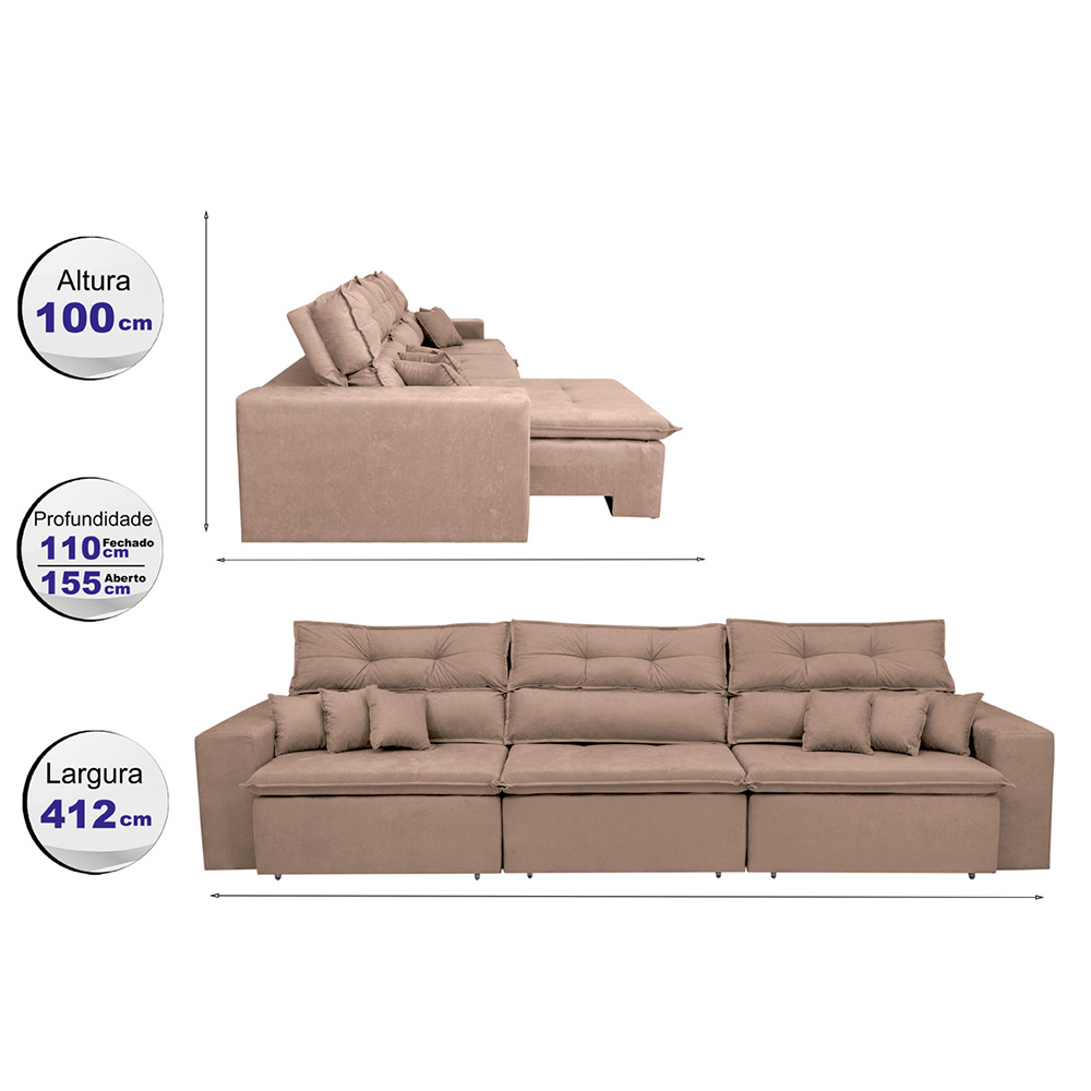 Sofá Cairo 4,12m Retrátil, Reclinável com 6 Almofadas Tecido Suede Castor - Cama InBox