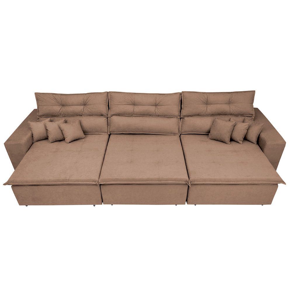 Sofá Cairo 4,12m Retrátil, Reclinável com 6 Almofadas Tecido Suede Castor - Cama InBox