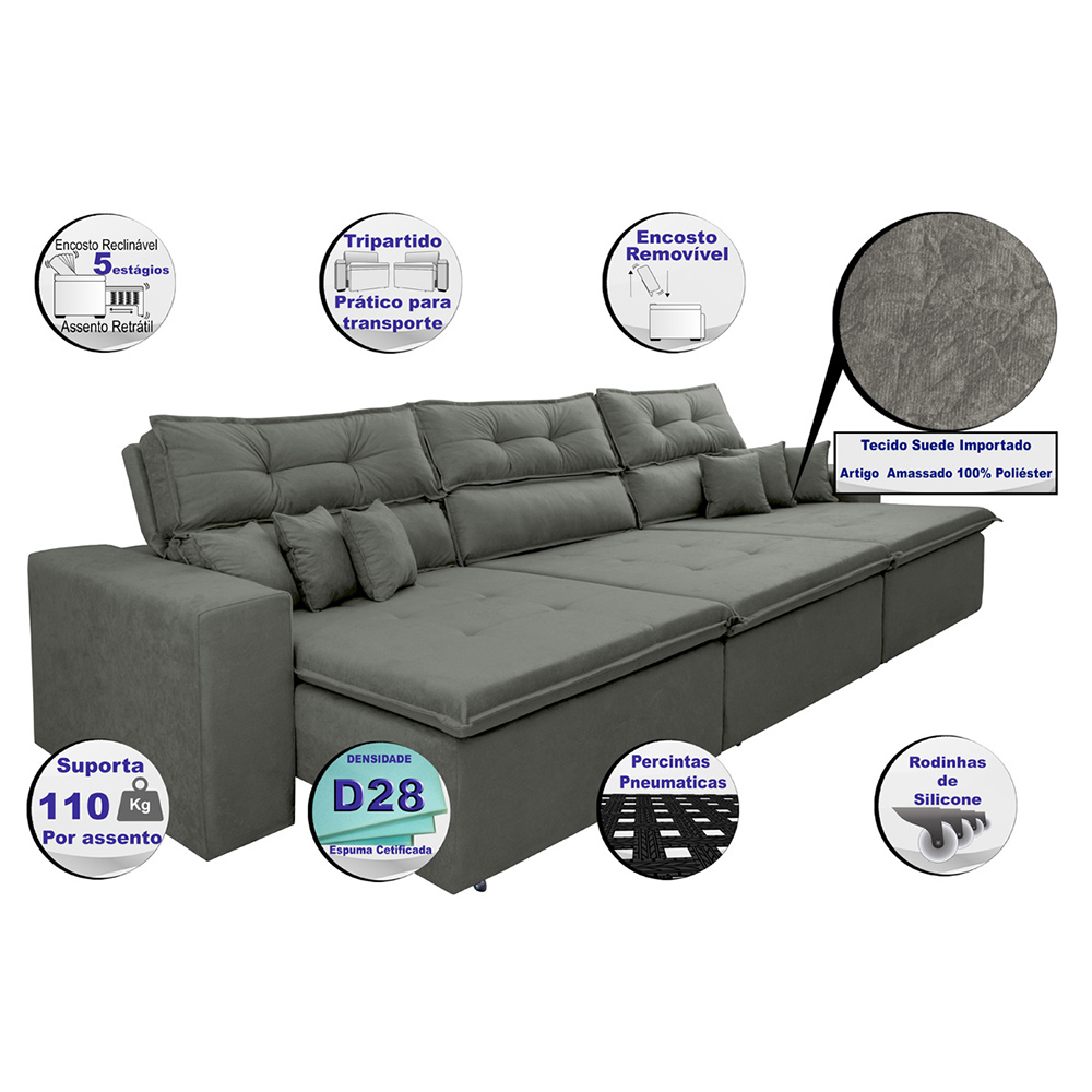 Sofá Cairo 4,12m Retrátil, Reclinável com 6 Almofadas Tecido Suede Cinza - Cama InBox