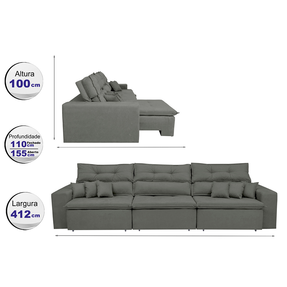 Sofá Cairo 4,12m Retrátil, Reclinável com 6 Almofadas Tecido Suede Cinza - Cama InBox