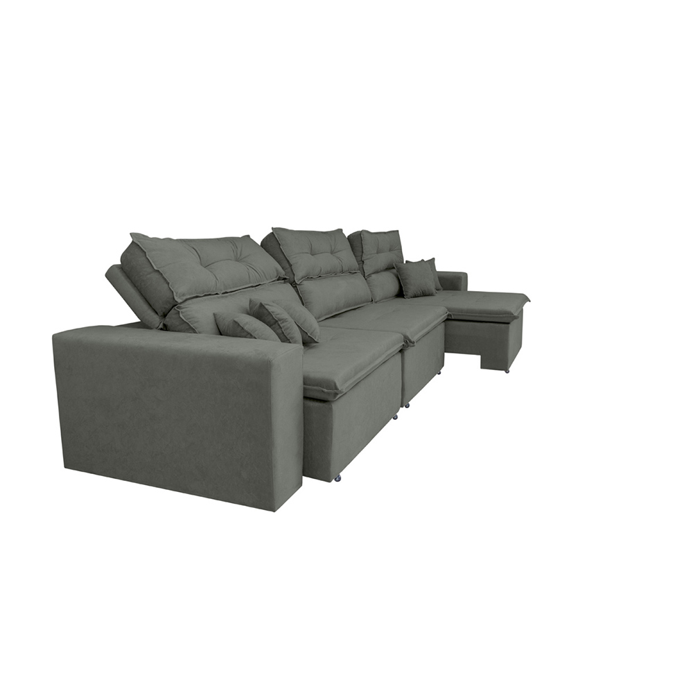 Sofá Cairo 4,12m Retrátil, Reclinável com 6 Almofadas Tecido Suede Cinza - Cama InBox