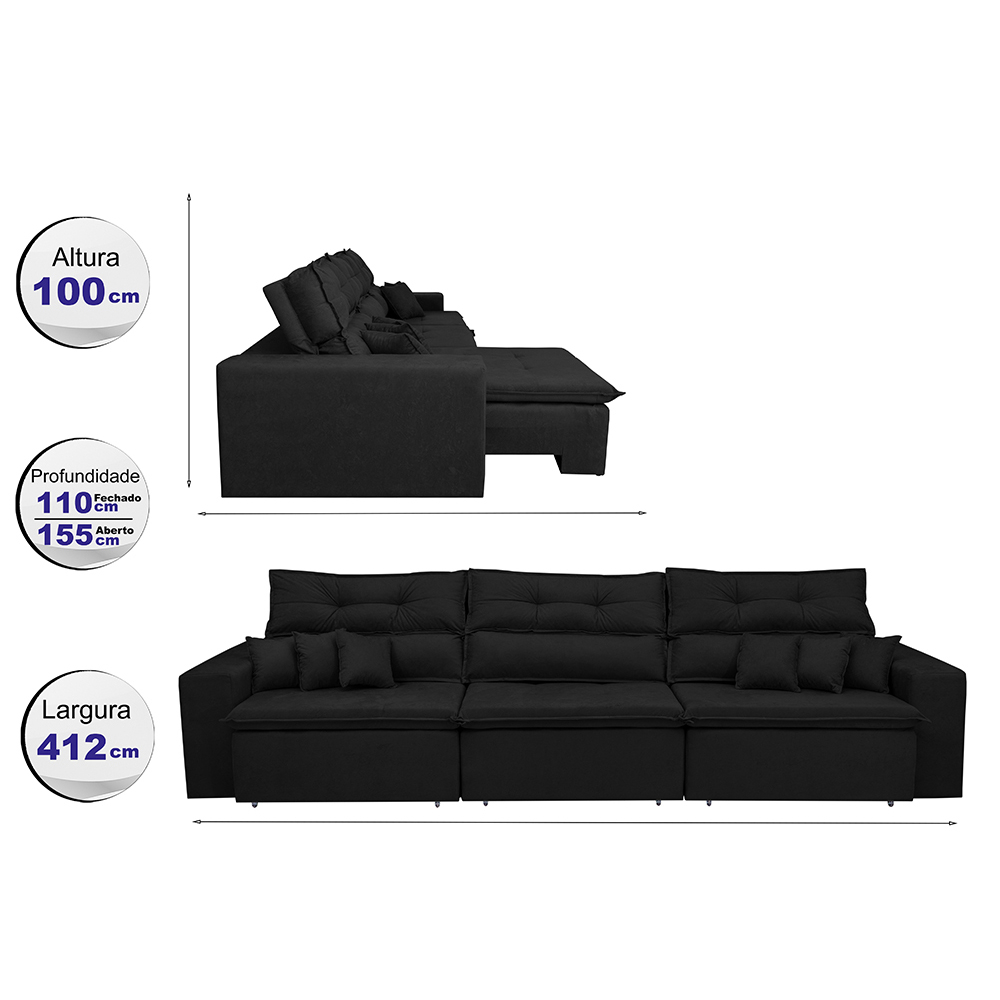 Sofá Cairo 4,12m Retrátil, Reclinável com 6 Almofadas Tecido Suede Preto - Cama InBox