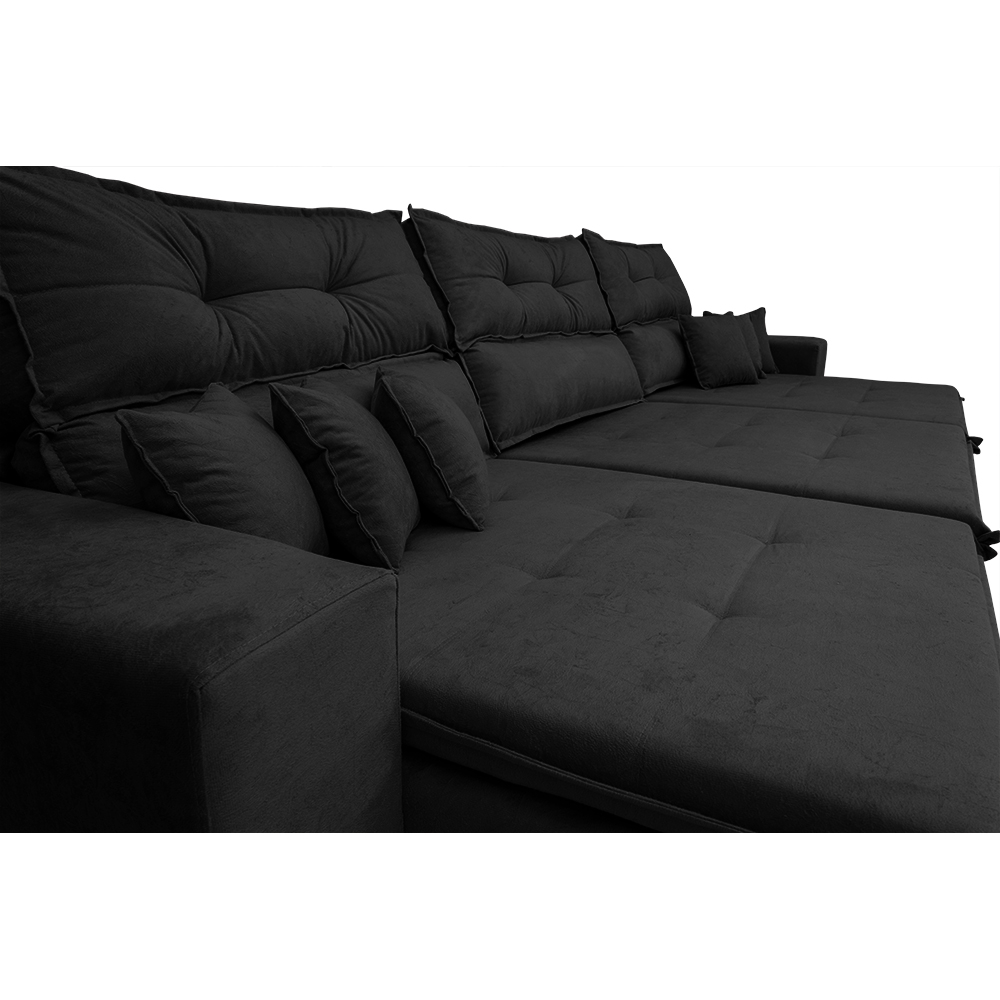 Sofá Cairo 4,12m Retrátil, Reclinável com 6 Almofadas Tecido Suede Preto - Cama InBox