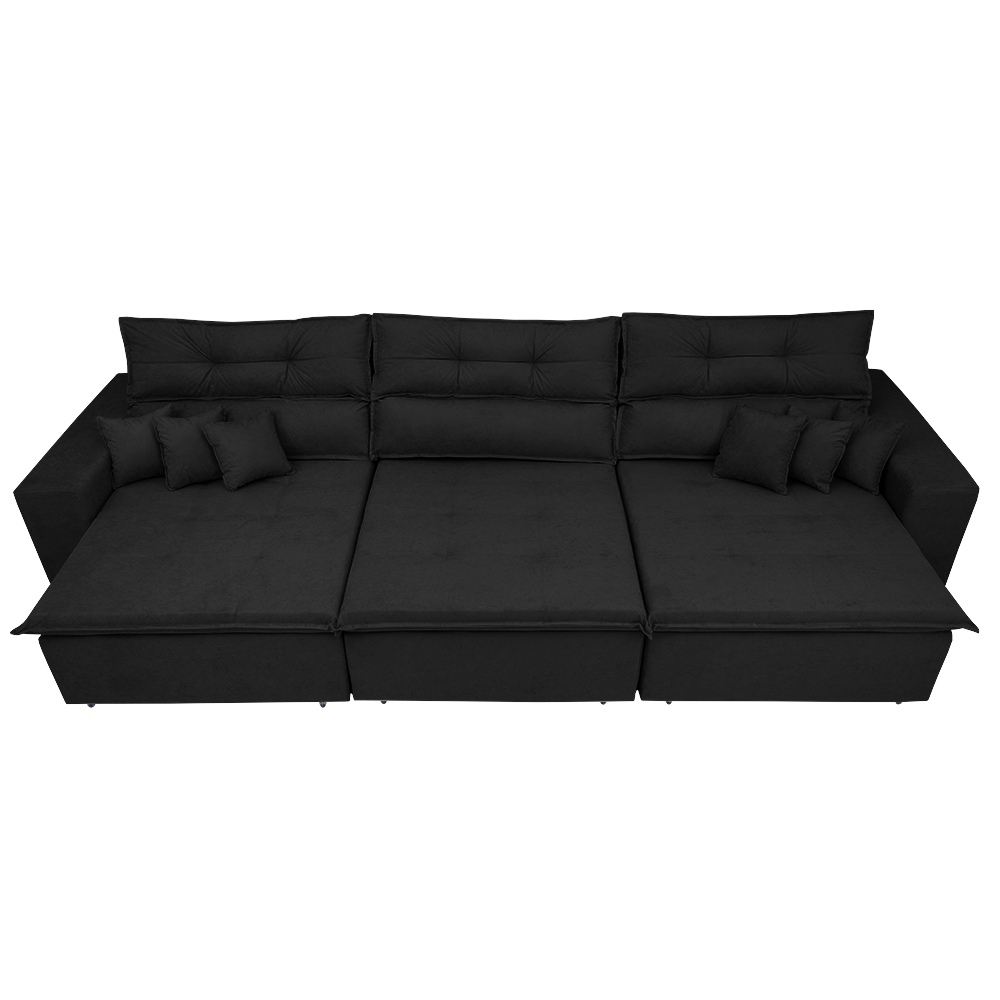 Sofá Cairo 4,12m Retrátil, Reclinável com 6 Almofadas Tecido Suede Preto - Cama InBox