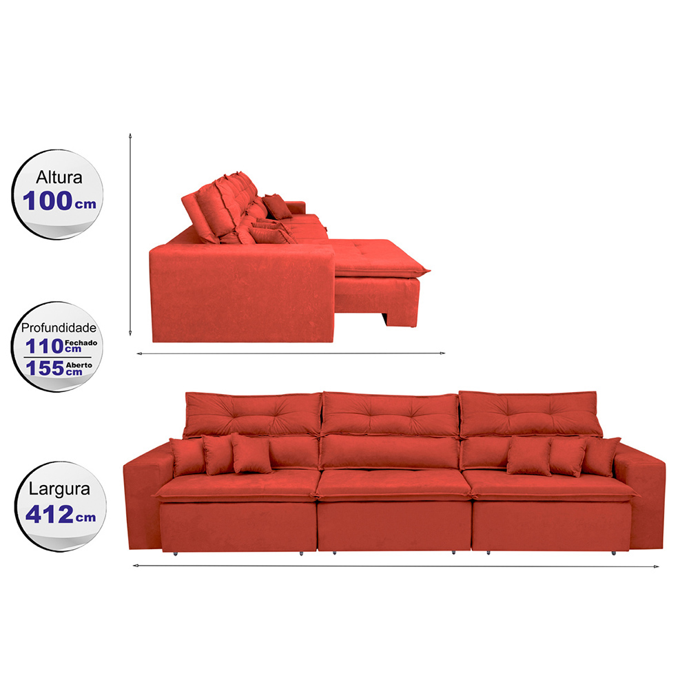 Sofá Cairo 4,12m Retrátil, Reclinável com 6 Almofadas Tecido Suede Vermelho - Cama InBox