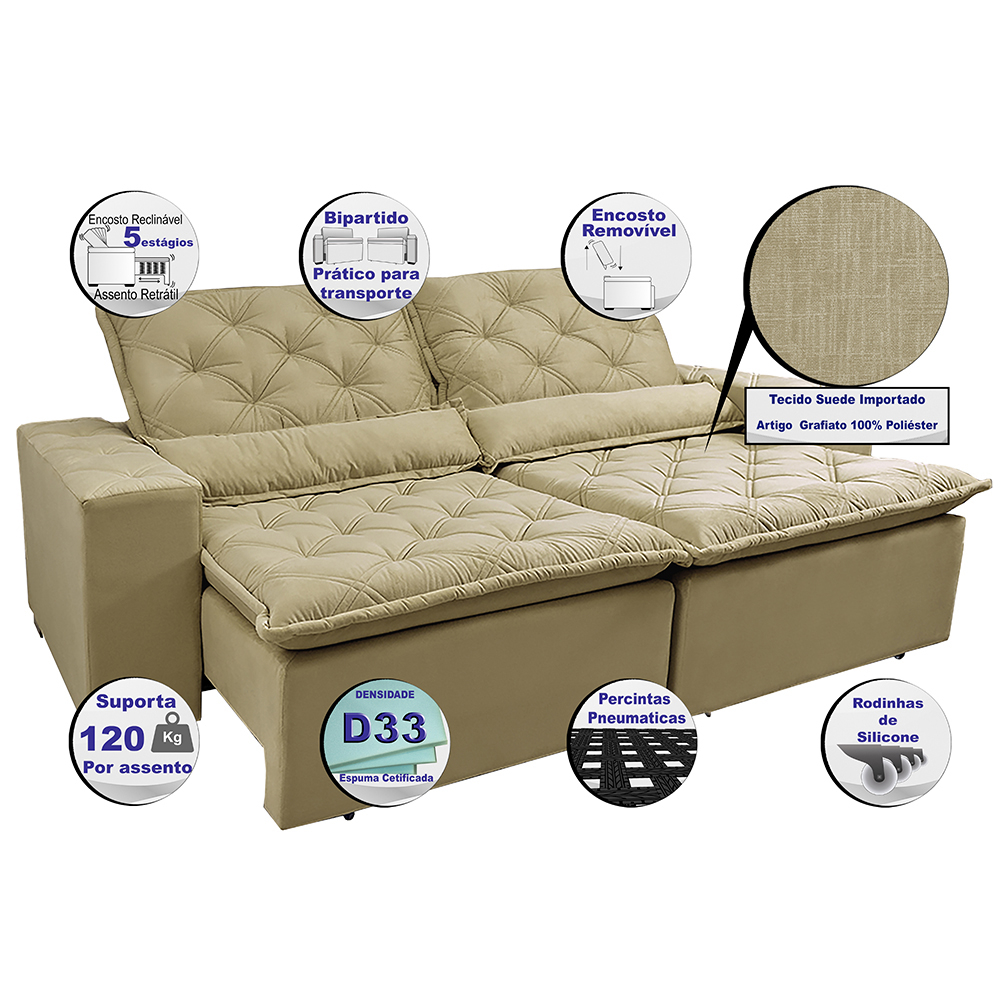 Sofá Lisboa 2,12m Retrátil, Reclinável com Molas no Assento Tecido Suede Velusoft Bege - Cama InBox