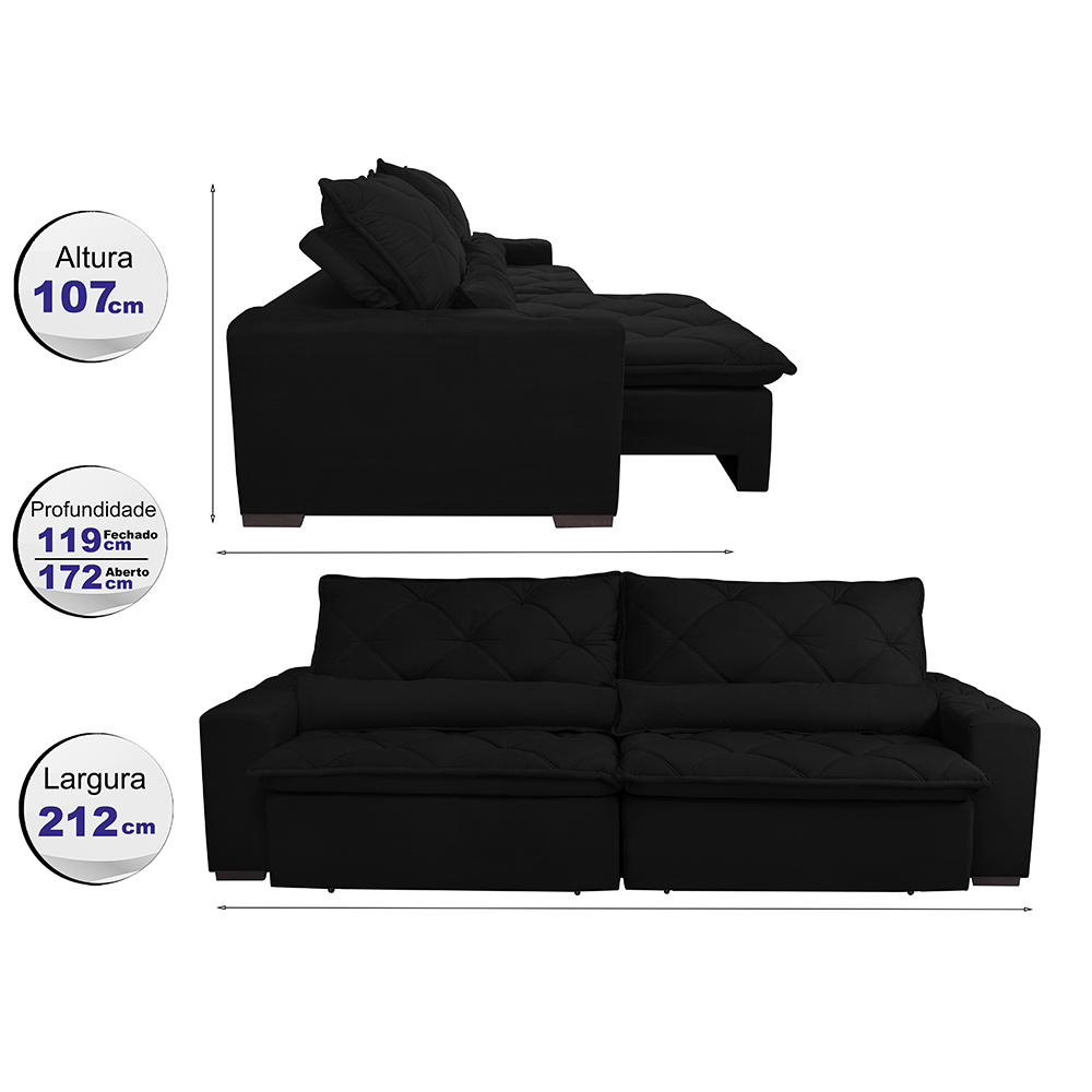 Sofá Lisboa 2,12m Retrátil, Reclinável com Molas no Assento Tecido Suede Velusoft Preto - Cama InBox