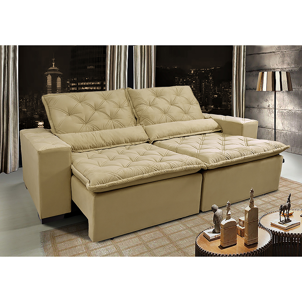 Sofá Lisboa 2,32m Retrátil, Reclinável com Molas no Assento Tecido Suede Velusoft Bege - Cama InBox