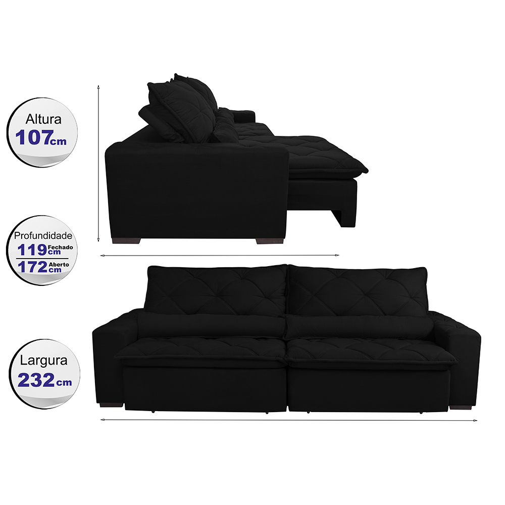 Sofá Lisboa 2,32m Retrátil, Reclinável com Molas no Assento Tecido Suede Velusoft Preto - Cama InBox