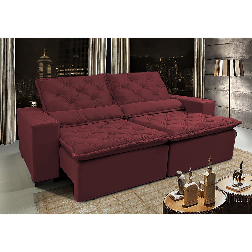 Sofá Lisboa 2,32m Retrátil, Reclinável com Molas no Assento Tecido Suede Velusoft Vinho - Cama InBox