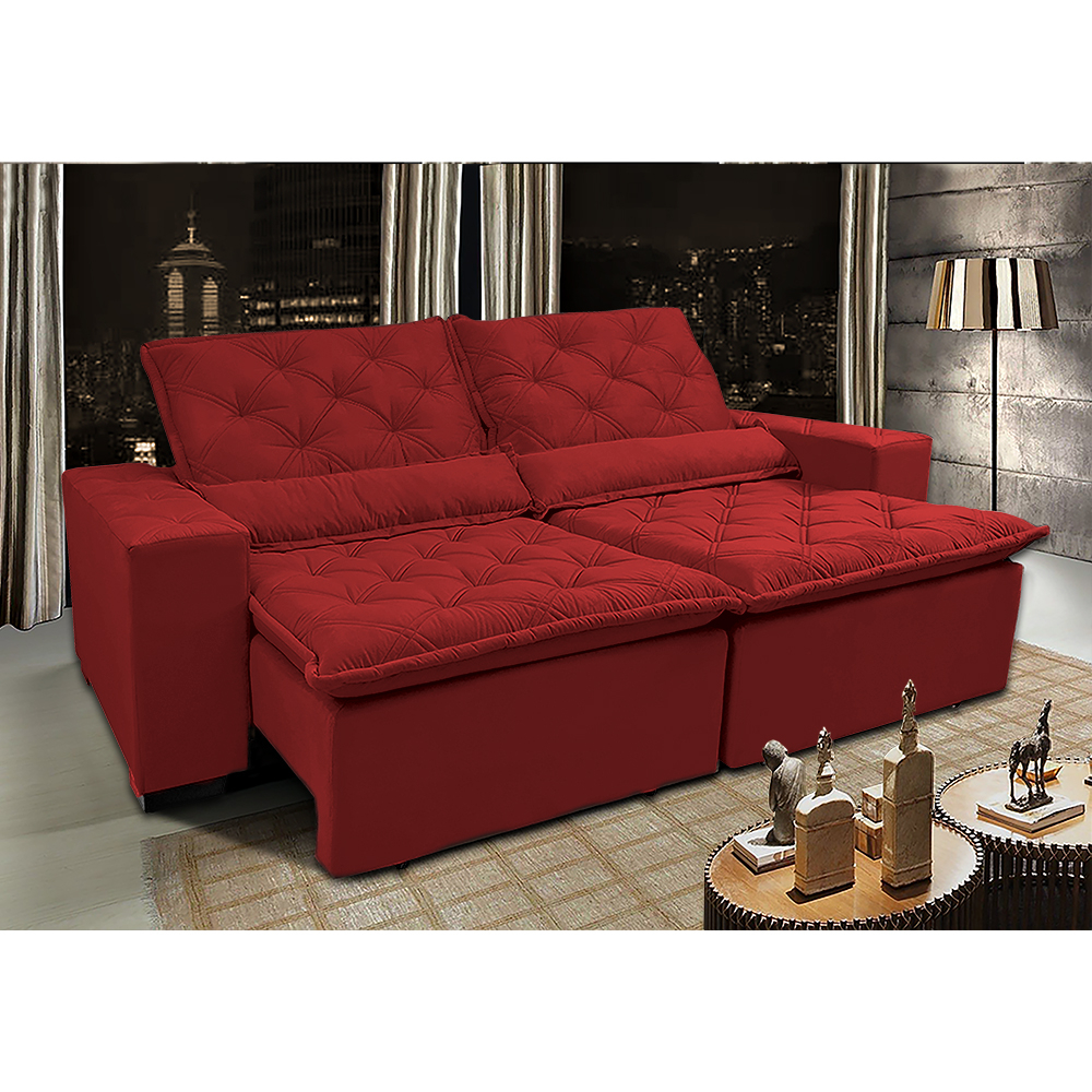 Sofá Lisboa 2,32m Retrátil, Reclinável, Molas no Assento Tecido Suede Velusoft Vermelho - Cama InBox