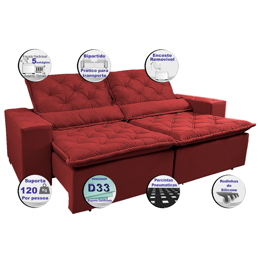 Sofá Lisboa 2,32m Retrátil, Reclinável, Molas no Assento Tecido Suede Velusoft Vermelho - Cama InBox