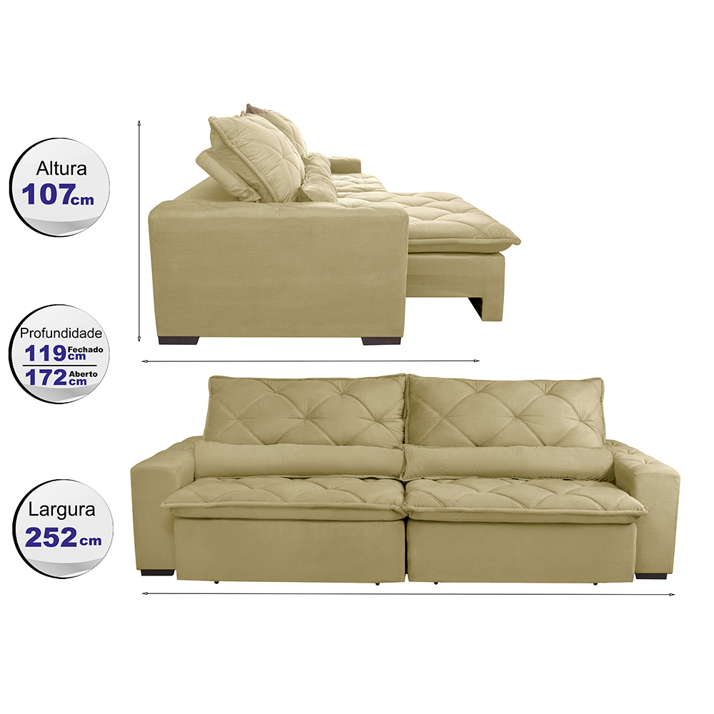 Sofá Lisboa 2,52m Retrátil, Reclinável com Molas no Assento Tecido Suede Velusoft Bege - Cama InBox