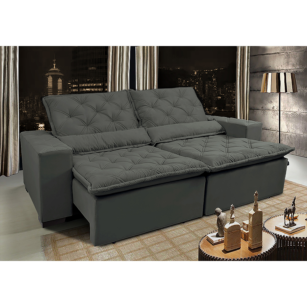 Sofá Lisboa 2,92m Retrátil, Reclinável com Molas no Assento Tecido Suede Grafite - Cama InBox