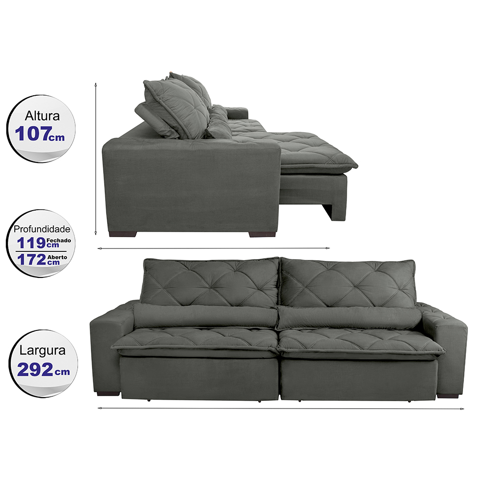 Sofá Lisboa 2,92m Retrátil, Reclinável com Molas no Assento Tecido Suede Grafite - Cama InBox