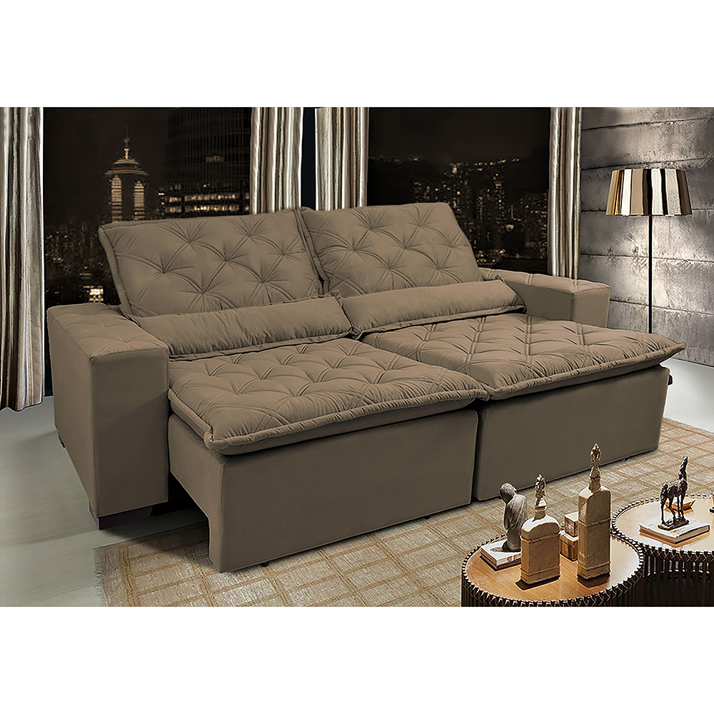 Sofá Lisboa 2,92m Retrátil, Reclinável com Molas no Assento Tecido Suede Velusoft Castor - Cama InBox