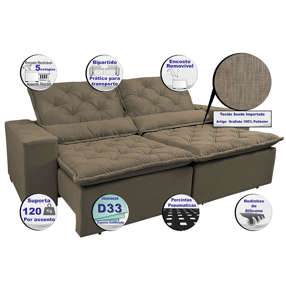Sofá Lisboa 2,92m Retrátil, Reclinável com Molas no Assento Tecido Suede Velusoft Castor - Cama InBox