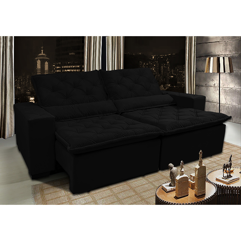 Sofá Lisboa 2,92m Retrátil, Reclinável com Molas no Assento Tecido Suede Velusoft Preto - Cama InBox