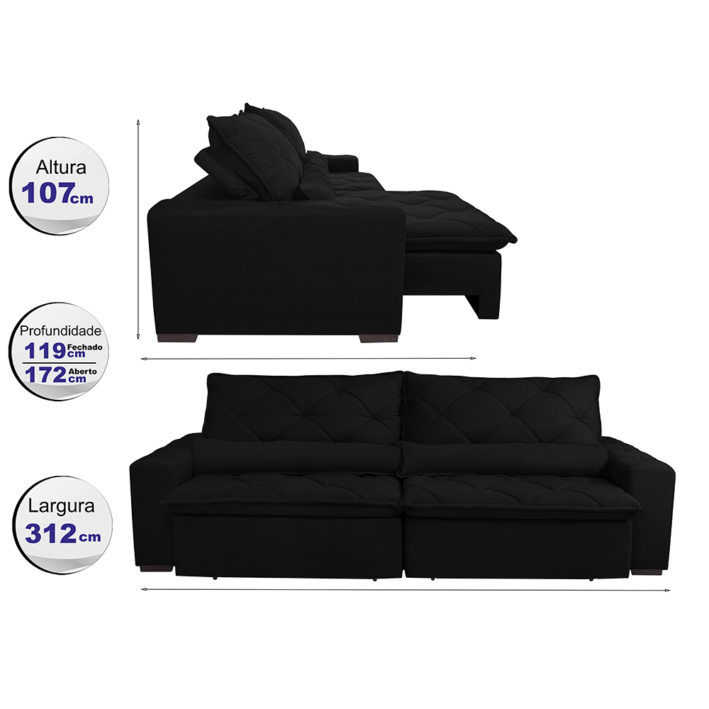 Sofá Lisboa 3,12m Retrátil, Reclinável com Molas no Assento Tecido Suede Velusoft Preto - Cama InBox