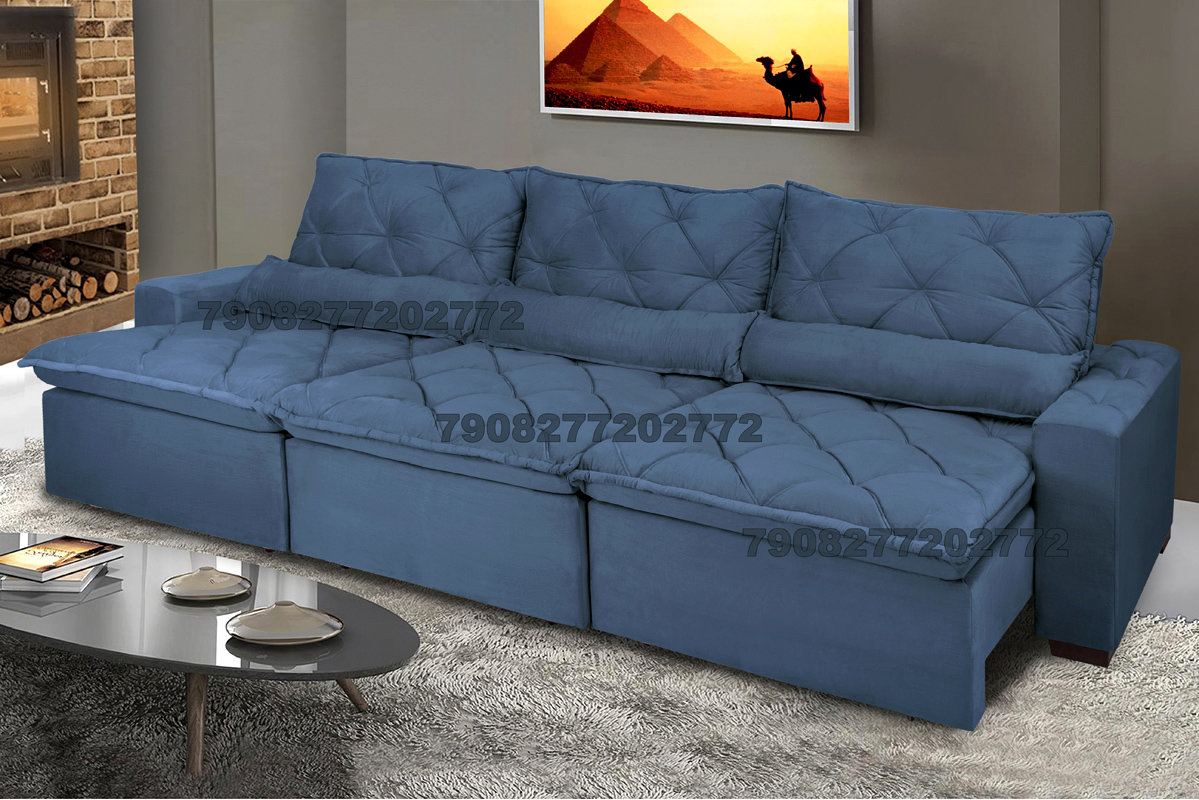 Sofá Lisboa 3,52m Retrátil, Reclinável com Molas no Assento e Almofadas Lombar Tecido Suede Azul